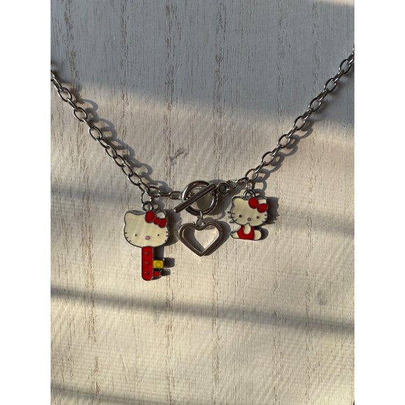 Silver hello kitty red charm heart choker necklace - Picture 2 of 6
